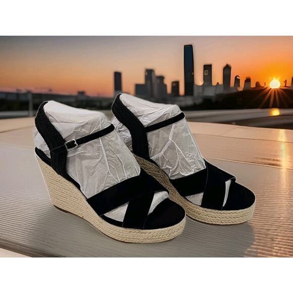 Calvin Klein Womens Elory Platform Wedge Heel Espadrille Sandal Black Sz 9.5M - Picture 1 of 10